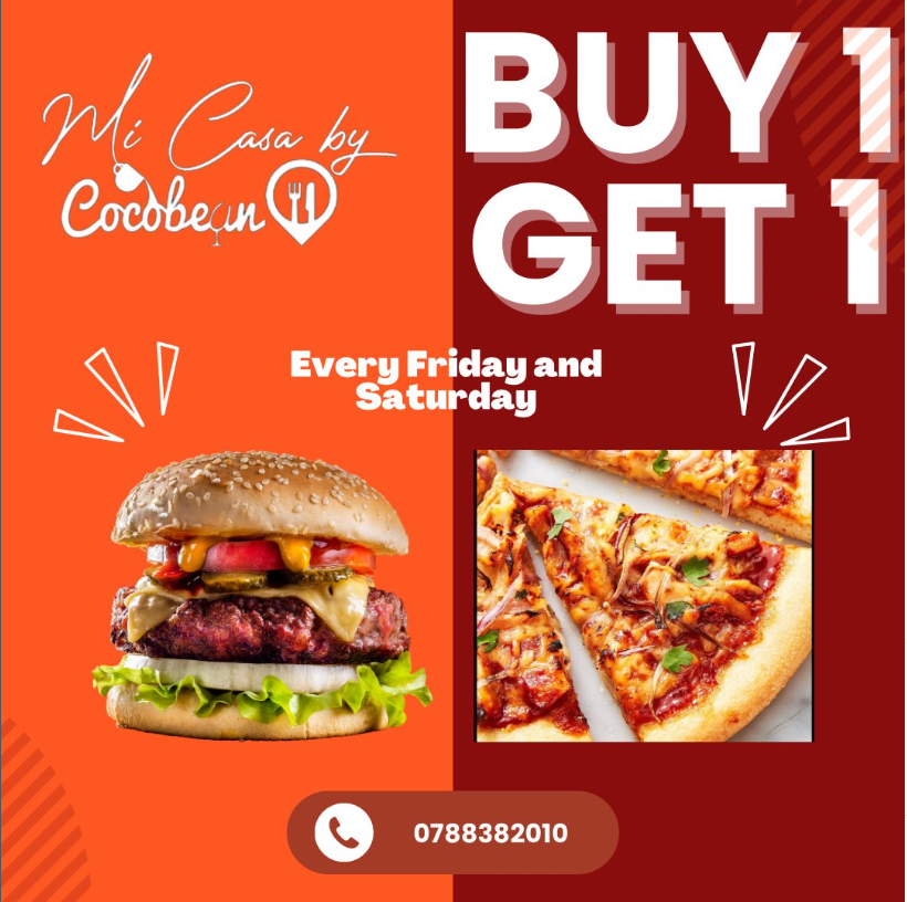 Burger & Pizza promo Buy 1 Get 1